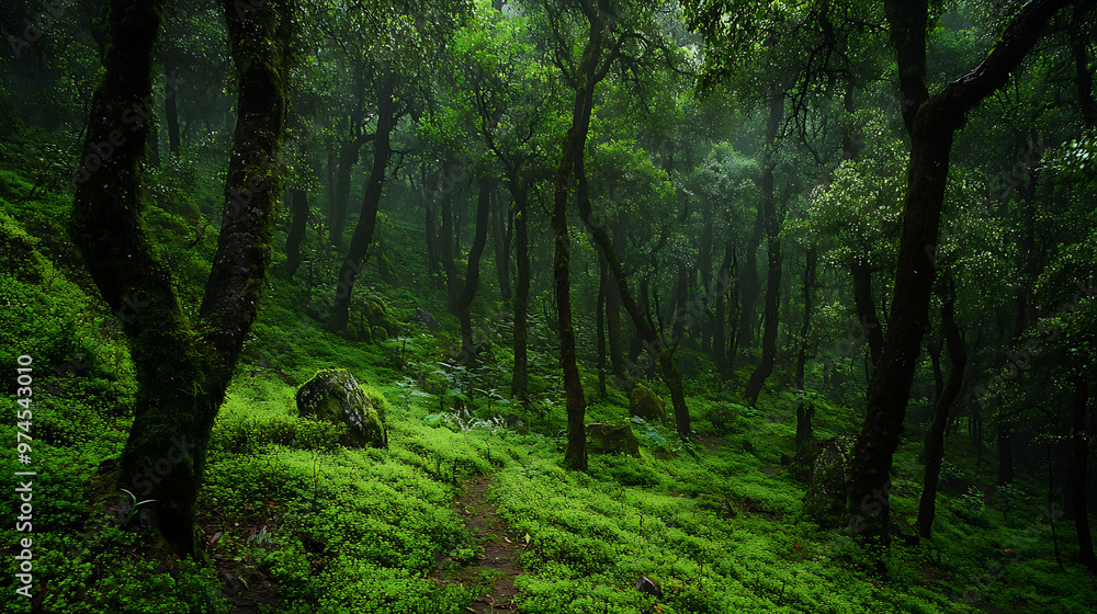 Fototapeta premium A Himalayan forest with an emphasis on the diverse medicinal plants found in the undergrowth, with a focus on plant identification 