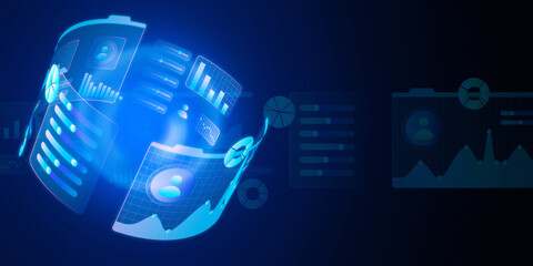 Digital holographic interface with data charts and graphs on a blue background. 3D Rendering
