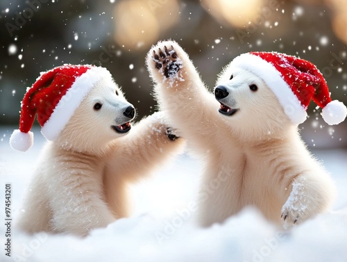 Two playful polar bears wearing red Christmas hats joyfully interact in a snowy winter wonderland, capturing festive cheer. photo