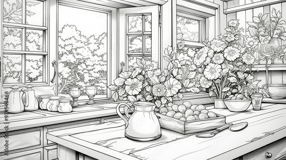 Fototapeta premium wooden kitchen coloring book