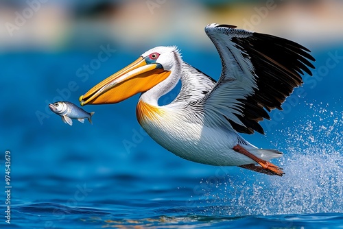 A pelican diving gracefully into the ocean to catch a fish, its large beak creating a splash