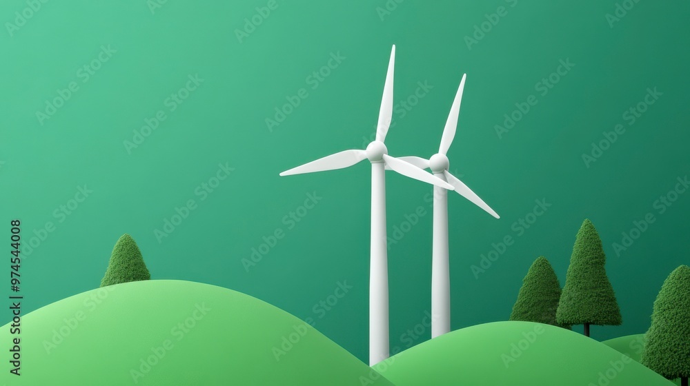 Fototapeta premium A serene landscape featuring wind turbines on rolling green hills, symbolizing renewable energy and sustainability in nature.