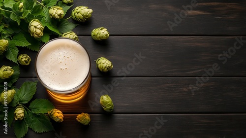 A refreshing glass of beer surrounded by fresh hops on a rustic wooden table, perfect for beer lovers and brewing enthusiasts. photo