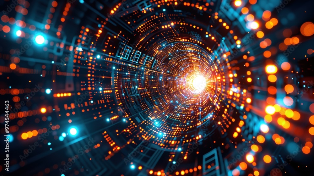Obraz premium A captivating view of an abstract digital tunnel illuminated by vibrant blue and orange lights
