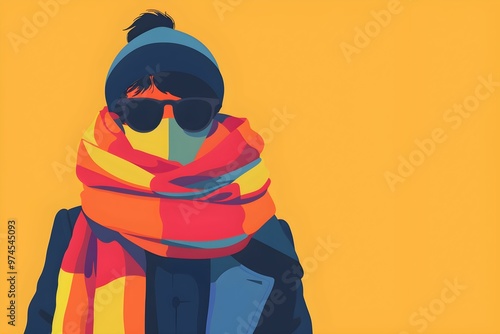 Colorful winter illustration of person in scarf and beanie photo