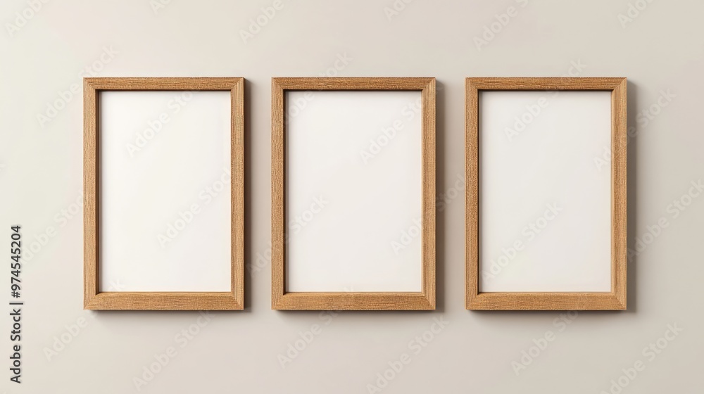 Three different sizes of wooden picture frames arranged in a stylish gallery wall layout on a neutral background Three different sizes of wooden picture frames arranged in a stylish gallery wall layout on a neutral background