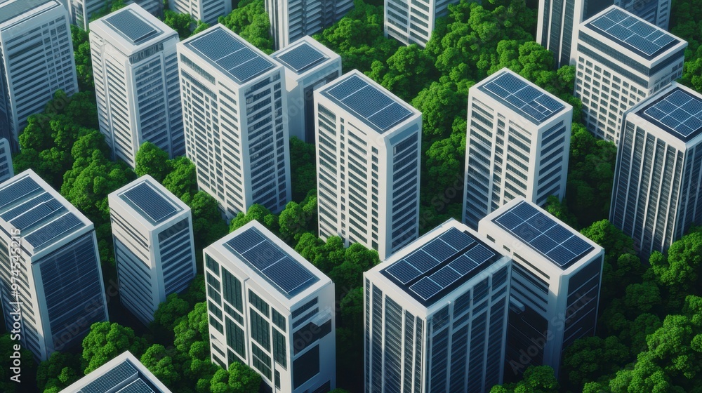Fototapeta premium Aerial view of modern skyscrapers integrated with nature featuring green spaces and solar panels for sustainable living.