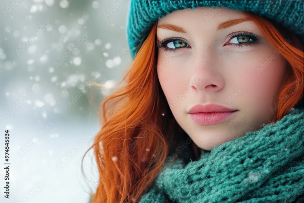 Close-up Portrait of a Woman with Red Hair in a Blue Knitted Hat and Scarf in the Snow Close-up Portrait of a Woman with Red Hair in a Blue Knitted Hat and Scarf in the Snow