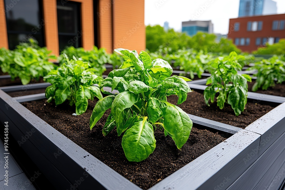 Fototapeta premium A row of raised garden beds on the rooftop of a building, showcasing thriving crops in an urban farm