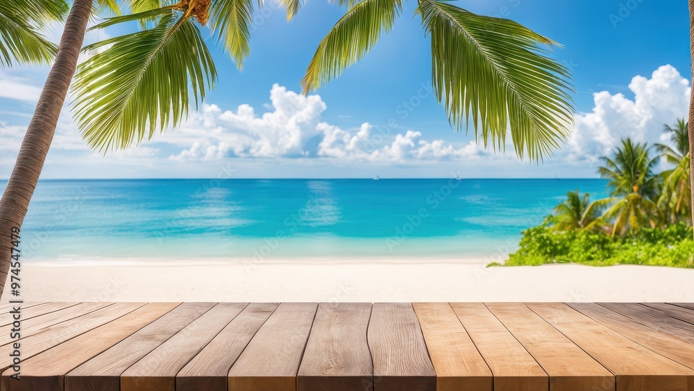 A serene beach view with palm trees and a wooden deck, perfect for relaxation and vacation vibes. A serene beach view with palm trees and a wooden deck, perfect for relaxation and vacation vibes.