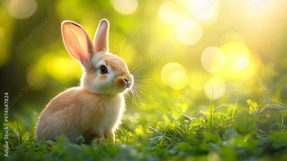 An adorable baby bunny with soft fur and floppy ears in a sunlit garden, surrounded by lush green grass and warm tones, capturing a cute wildlife portrait in a dreamy natural habitat. An adorable baby bunny with soft fur and floppy ears in a sunlit garden, surrounded by lush green grass and warm tones, capturing a cute wildlife portrait in a dreamy natural habitat.