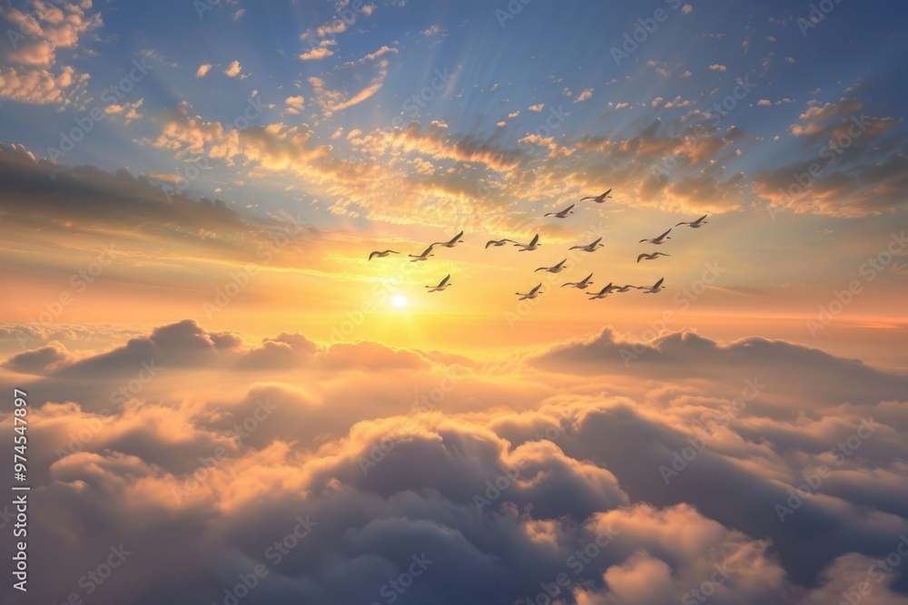 A flock of geese soaring gracefully through the sky A flock of geese soaring gracefully through the sky