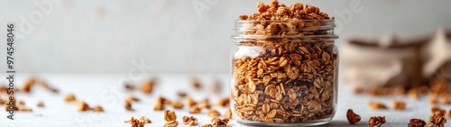 Homemade Granola Delight, a full-body portrait showcasing a jar filled with delicious homemade granola, set against a clean white background, emphasizing its wholesome ingredients.