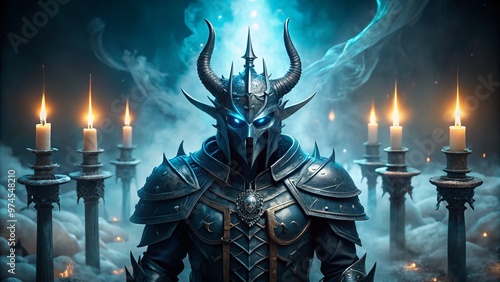 Dark fantasy armor with icy blue accents and a menacing horned helmet, surrounded by eerie fog and flickering candles, perfect for spooky Halloween scenes. photo