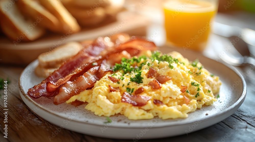 Bright breakfast scene featuring fluffy scrambled eggs, crispy bacon, toasted bread, and vibrant orange juice, invitingly presented on a white plate against a warm morning light background. Bright breakfast scene featuring fluffy scrambled eggs, crispy bacon, toasted bread, and vibrant orange juice, invitingly presented on a white plate against a warm morning light background.