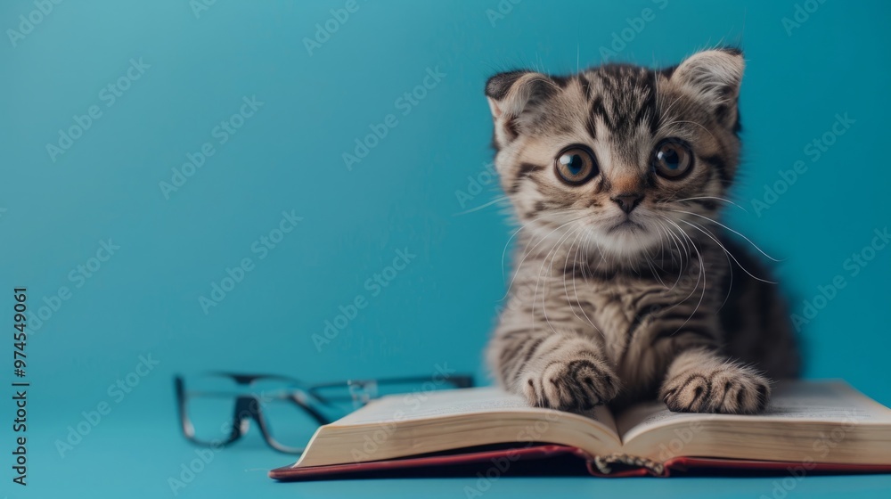 scottish fold kitten on a blue background with a book in glasses scottish fold kitten on a blue background with a book in glasses