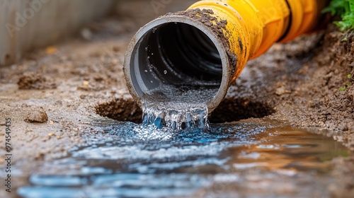 Water flows from a yellow drainage pipe into a muddy area, illustrating urban plumbing and environmental effects.