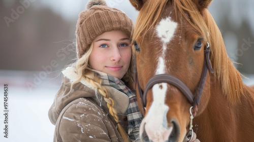 A young woman wearing a brown hat and scarf is standing next to a brown horse