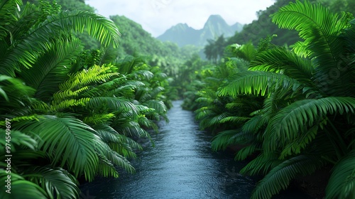 Lush tropical landscape featuring a serene river running through vibrant green foliage and majestic mountains in the background.