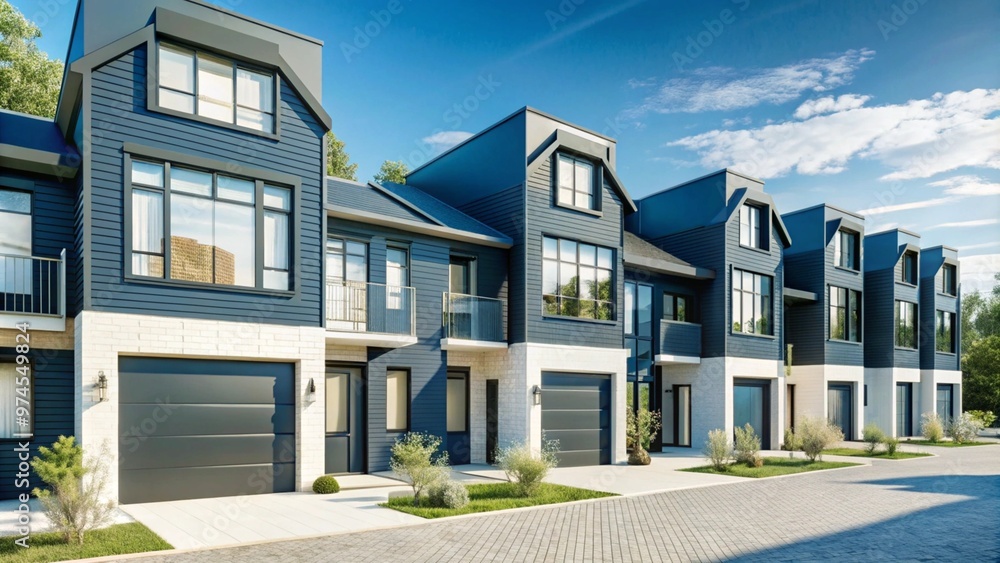 Modern modular private black townhouses. Residential architecture exterior.
Modern modular private black townhouses. Residential architecture exterior.