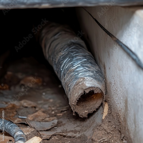 A close-up view of a dusty, dirty duct pipe nestled in debris, highlighting potential maintenance issues in a residential environment. photo