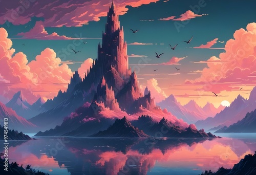 Dramatic mountainous landscape with towering peaks of rocky granite emerging from a sea of fluffy pink and orange clouds at sunset, a clear light fortress tower made of white stone ascendin photo