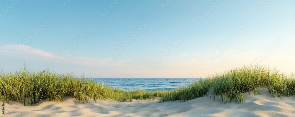 Serene coastal view with soft sand, vibrant green grass, and calm ocean waves under a clear sky, perfect for relaxation and inspiration. Serene coastal view with soft sand, vibrant green grass, and calm ocean waves under a clear sky, perfect for relaxation and inspiration.