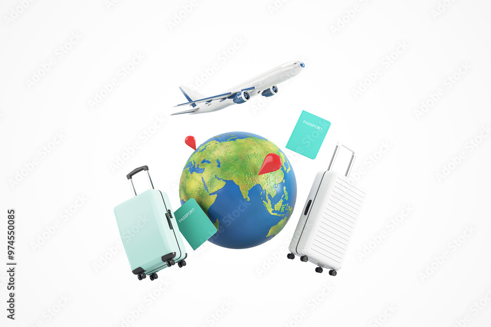 Travel essentials including a globe, passports, luggage, and an airplane on a white background, representing travel and vacation concepts. 3D Rendering