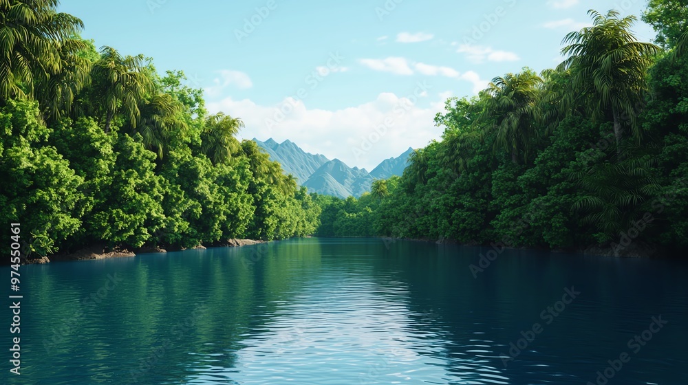 Serene landscape featuring a calm river surrounded by lush greenery and distant mountains under a clear blue sky. Serene landscape featuring a calm river surrounded by lush greenery and distant mountains under a clear blue sky.