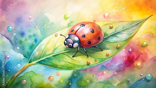 Delicate, dreamy watercolor illustration of a cheerful ladybug perched on a vibrant green leaf, surrounded by soft, blended hues of pink, yellow, and blue. photo