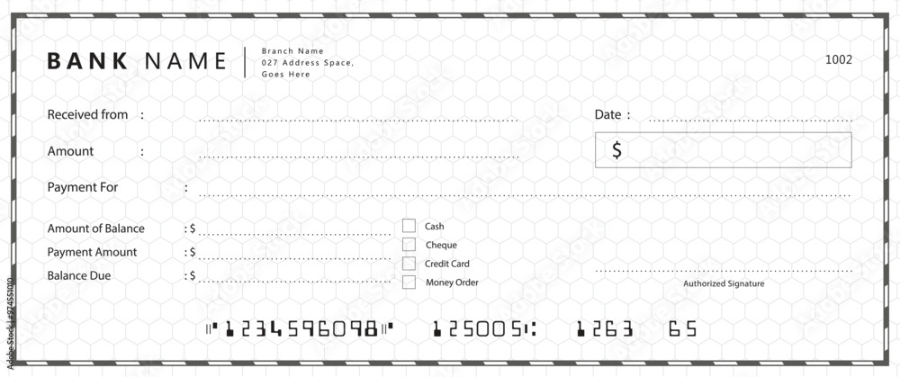 Empty money cheque. Bank check. check book template with pattern and blank fields. Currency payment coupon, US dollar check background Empty money cheque. Bank check. check book template with pattern and blank fields. Currency payment coupon, US dollar check background