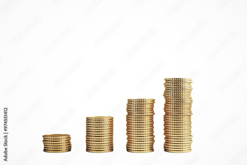 Stacked gold coins arranged in ascending order on a white background, concept of growth and investment. 3D Rendering Stacked gold coins arranged in ascending order on a white background, concept of growth and investment. 3D Rendering