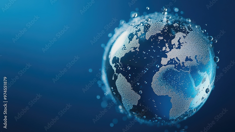 Water droplets shape the continents on a translucent globe, emphasizing global water awareness and conservation efforts. Water droplets shape the continents on a translucent globe, emphasizing global water awareness and conservation efforts.