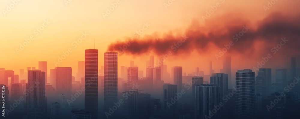 Urban skyline at sunset, displaying silhouettes of skyscrapers with smoke rising, illustrating pollution and industrial impact. Urban skyline at sunset, displaying silhouettes of skyscrapers with smoke rising, illustrating pollution and industrial impact.