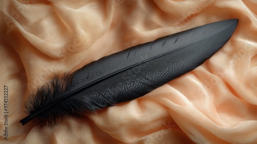 Single black feather on soft peach fabric photo