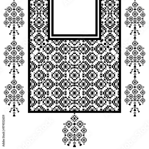 Geometric ethnic neckline pattern. traditional design. decoration, background, pixel art, textile, fabric, clothing, ornament. embroidery style.