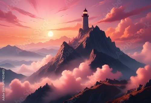 pixel art, Dramatic mountainous landscape with towering peaks of rocky granite emerging from a sea of fluffy pink and orange clouds at sunset, a clear light fortress tower made of white stone ascendin photo