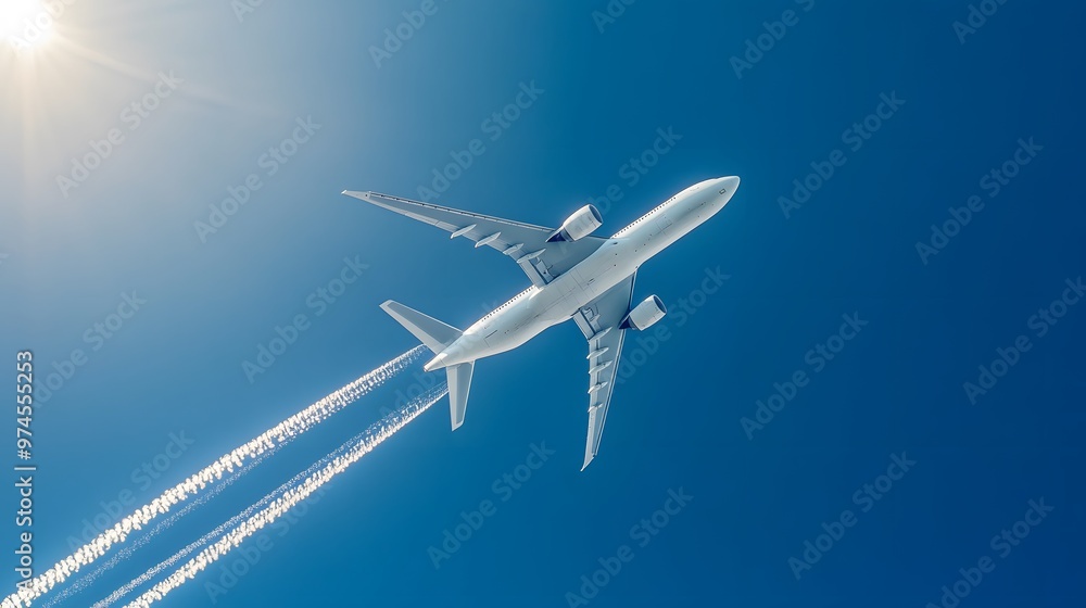 Obraz premium A commercial airplane flying overhead against a clear blue sky, displaying a low-angle view of a modern jet aircraft with sunlit details, capturing the essence of travel in aviation photography.