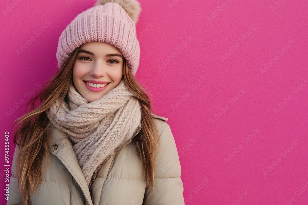 Portrait of a Smiling Woman Wearing a Pink Knit Hat and Scarf Portrait of a Smiling Woman Wearing a Pink Knit Hat and Scarf