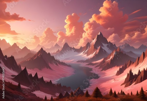 Dramatic mountainous landscape with towering peaks of rocky granite emerging from a sea of fluffy pink and orange clouds at sunset, a clear light fortress tower made of white stone ascendin photo