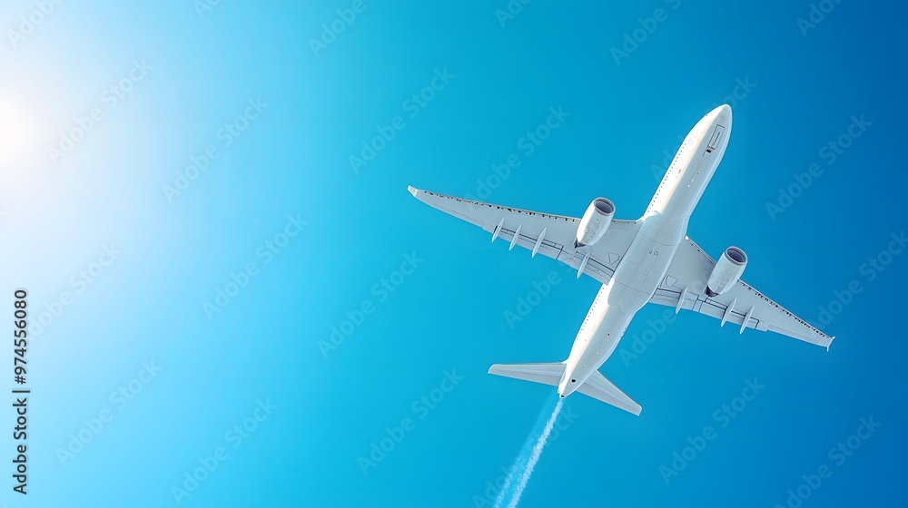 Obraz premium A commercial airplane flying overhead against a clear blue sky, displaying a low-angle view of a modern jet aircraft with sunlit details, capturing the essence of travel in aviation photography.