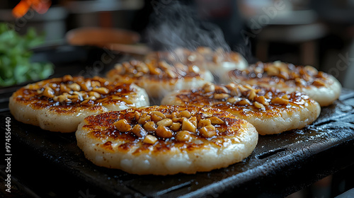 An artistic shot of Hotteok being prepared on a grid