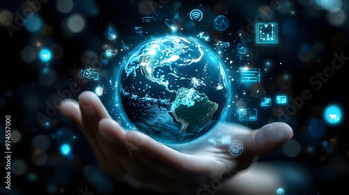 Hand with Earth Surrounded by Technology Icons: A hand holding the Earth, surrounded by floating technology icons, symbolizing the digital world's impact on the planet. 