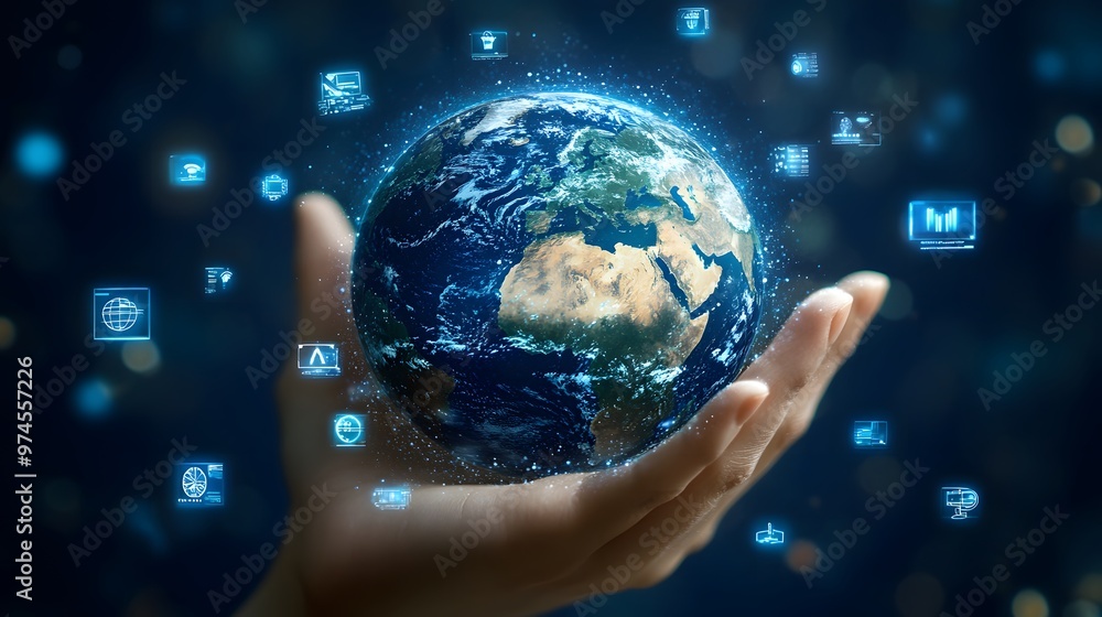 Hand with Earth Surrounded by Technology Icons: A hand holding the Earth, surrounded by floating technology icons, symbolizing the digital world's impact on the planet.
Hand with Earth Surrounded by Technology Icons: A hand holding the Earth, surrounded by floating technology icons, symbolizing the digital world's impact on the planet.