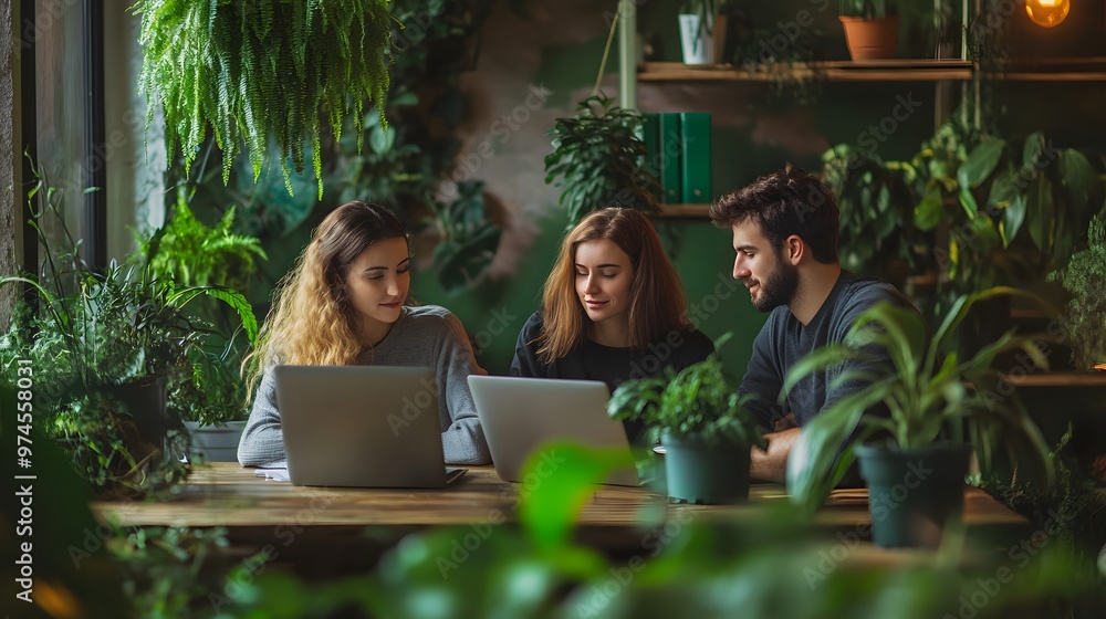 Three young professionals working together on laptops in a lush green office setting. Three young professionals working together on laptops in a lush green office setting.