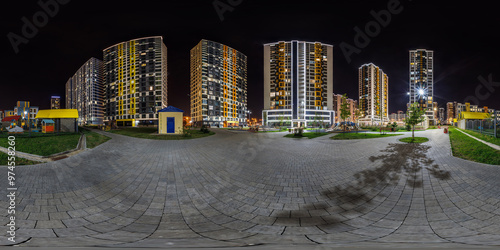 Wallpaper Mural night panorama 360 near skyscraper multistory buildings with illumination of residential quarter complex in full equirectangular seamless spherical projection Torontodigital.ca