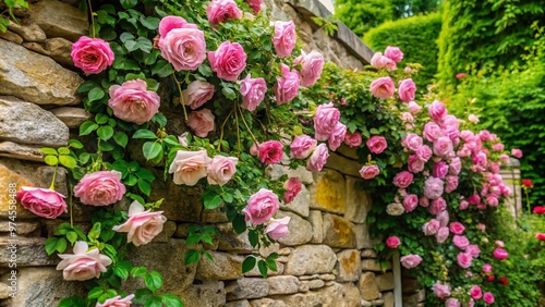 Delicate pink roses cascade down a worn stone wall, surrounded by lush green foliage, creating a romantic and whimsical atmosphere in a charming outdoor setting.