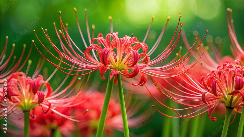 Delicate red spider lily flowers sway gently in the breeze, their long stamens and petals undulating hypnotically against a soft, blurred green background. Delicate red spider lily flowers sway gently in the breeze, their long stamens and petals undulating hypnotically against a soft, blurred green background.