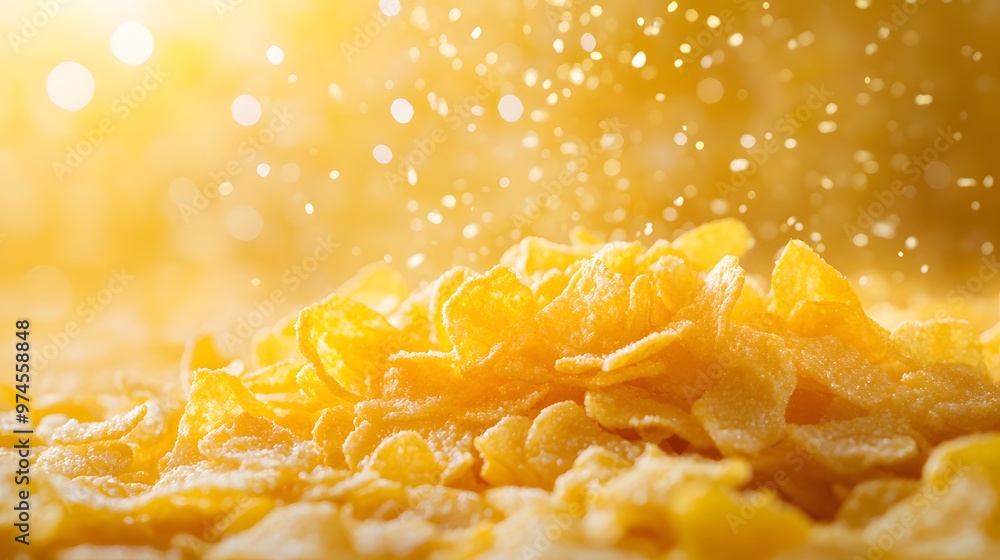 Golden potato flakes cascading from a container, showcasing vibrant yellow tones with backlit particles, creating an appetizing macro shot against a soft focus background. Golden potato flakes cascading from a container, showcasing vibrant yellow tones with backlit particles, creating an appetizing macro shot against a soft focus background.