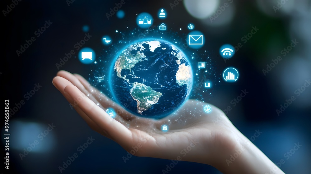 Hand with Earth Surrounded by Technology Icons: A hand holding the Earth, surrounded by floating technology icons, symbolizing the digital world's impact on the planet.
Hand with Earth Surrounded by Technology Icons: A hand holding the Earth, surrounded by floating technology icons, symbolizing the digital world's impact on the planet.